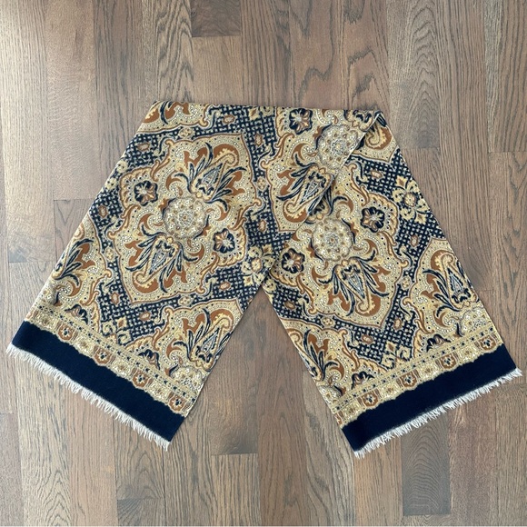 Anthropologie Vintage Paisley Oblong Wool Woven Scarf Navy Blue, Gold, Brown - Picture 4 of 5
